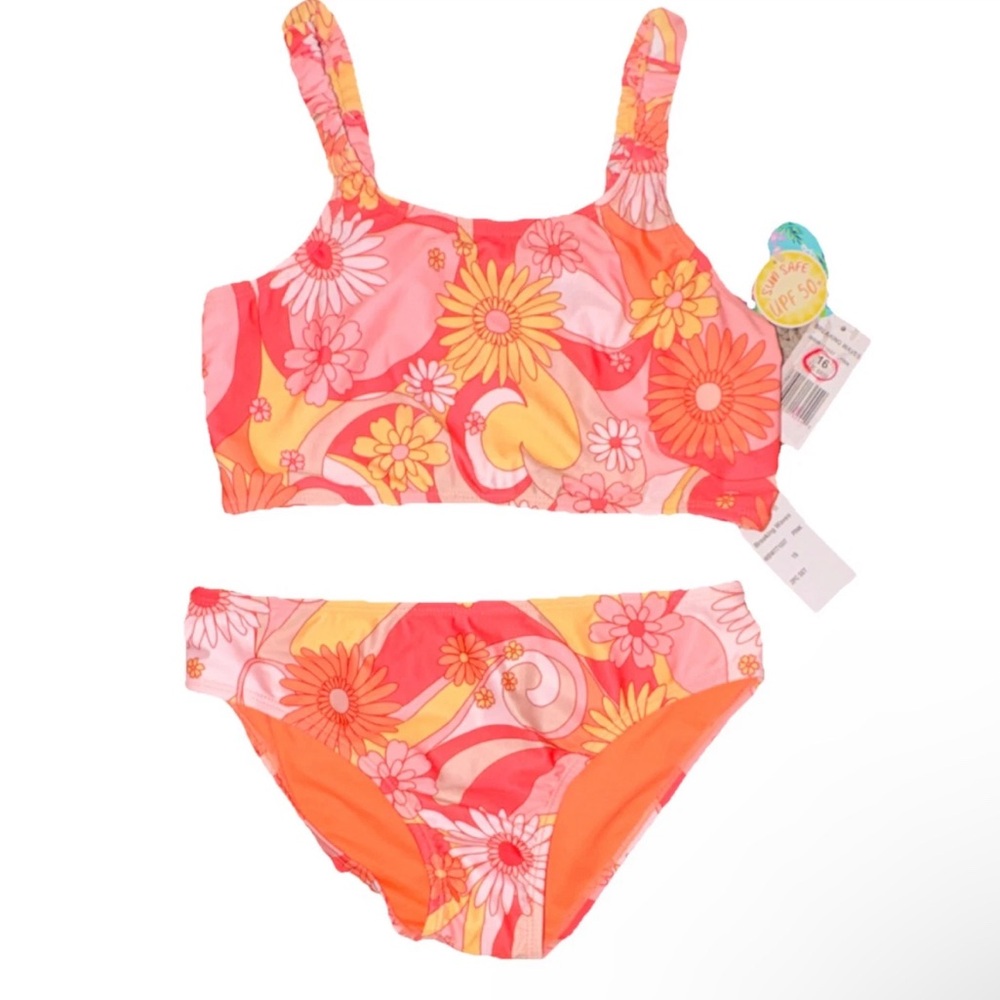 Breaking Waves Girls Floral Bikini Swim Set Pink Orange Size 10 UV-Protection